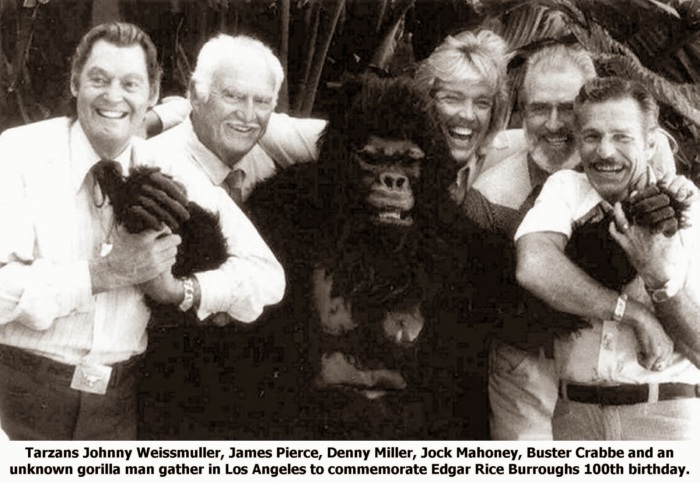 ERB - Film - 5 Tarzans Reunion - Weissmuller, Pierce, Miller, Mahoney, Crabbe (with caption) hollywoodgorillamen